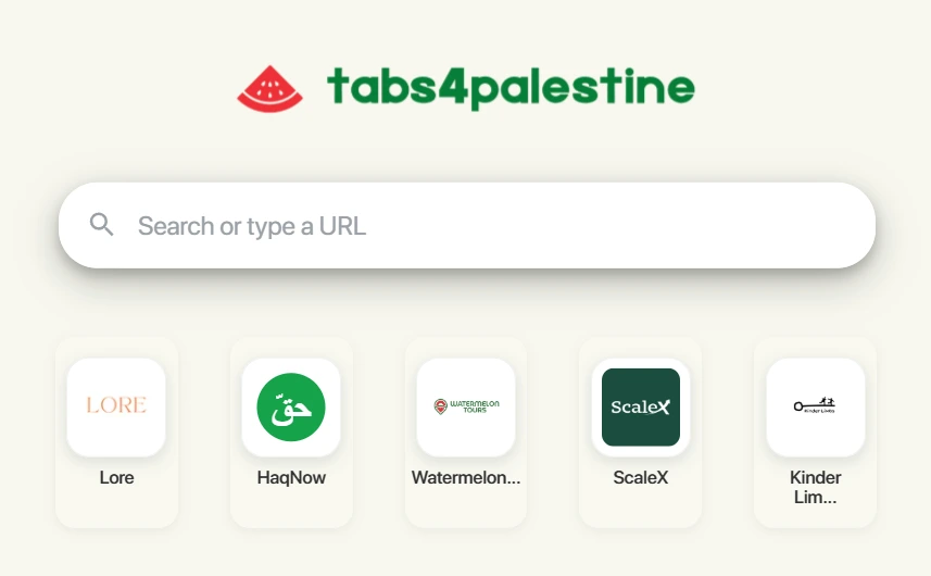 The tabs4palestine new tab: search, sponsored shortcuts, and one ethical ad